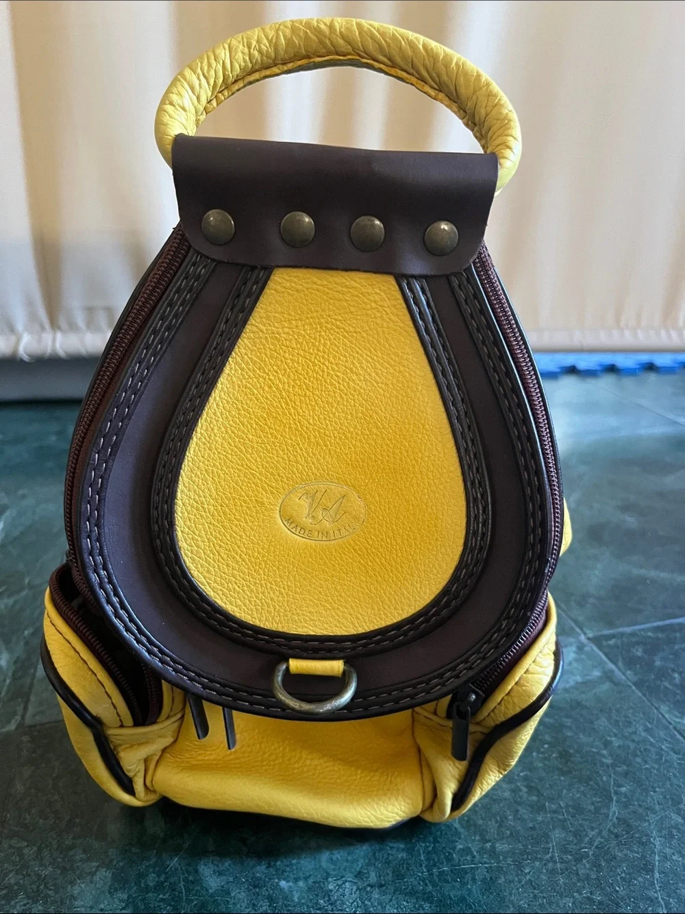 Yellow Leather Backpack with Dark Brown Trim and Top Handle